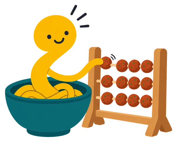 Noodle counting on an abacus with meatballs for beads