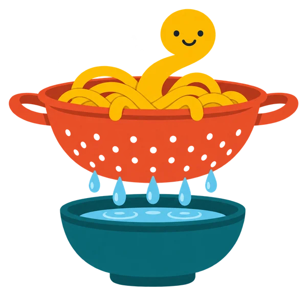 Noodle sitting safe in a red colander full of noodles while only water drips through into a bowl