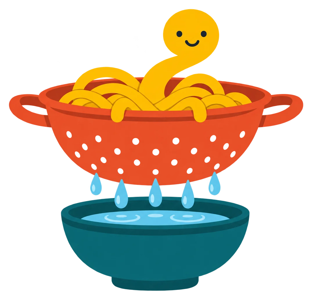 Noodle sitting safe in a red colander full of noodles while only water drips through into a bowl