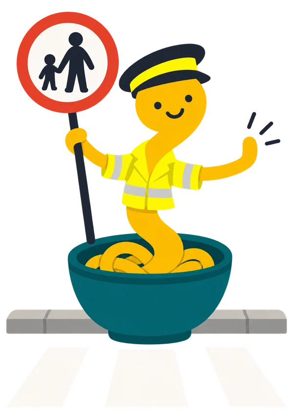 Noodle as a school crossing patrol in a hi-vis coat, holding up a lollipop sign at a zebra crossing