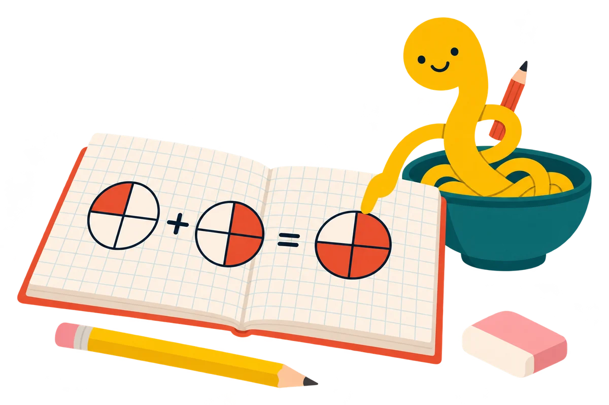 Noodle pointing at a fractions sum drawn as pies in an open exercise book, with a pencil and rubber