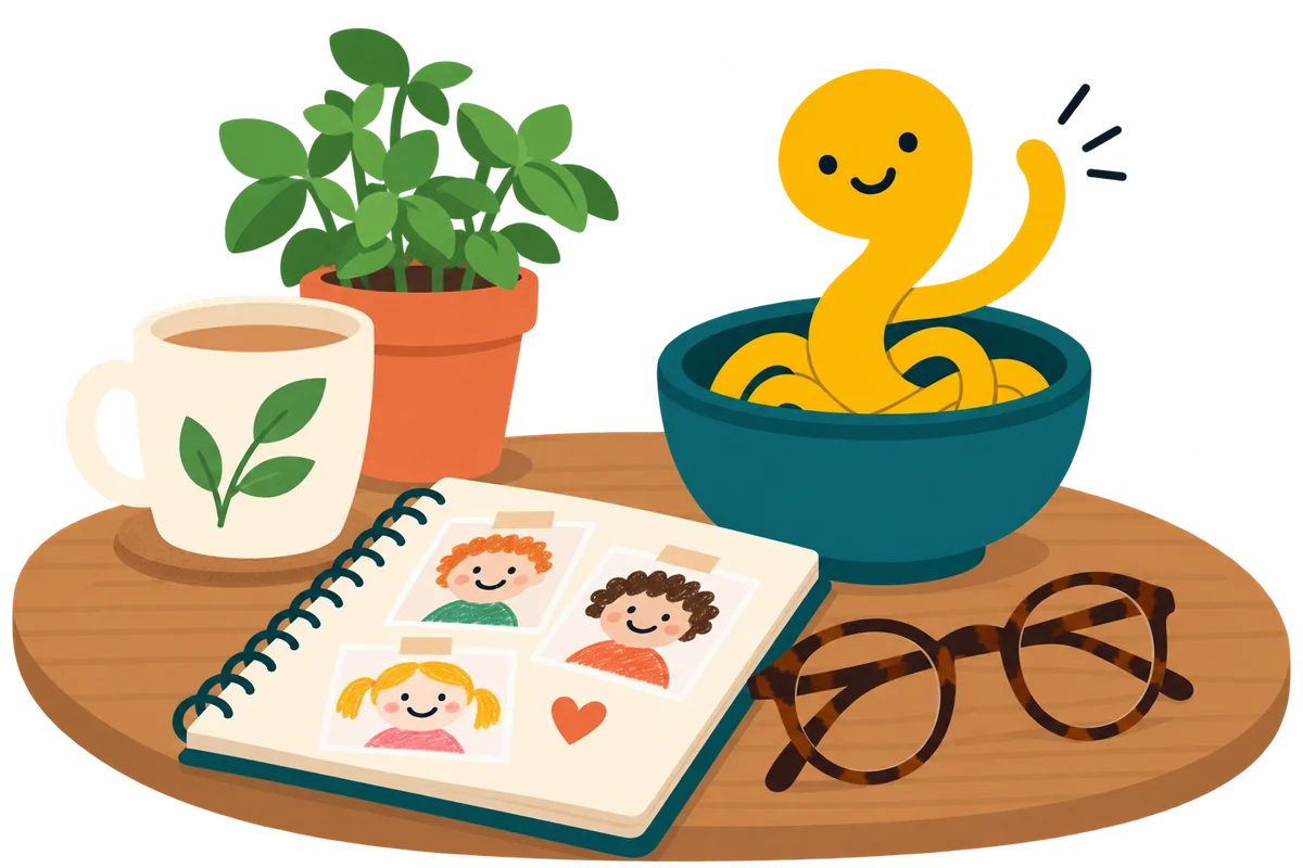A grown-up's corner of the table: a scrapbook of children's drawings, reading glasses, a cup of tea, a plant, and Noodle leaning in