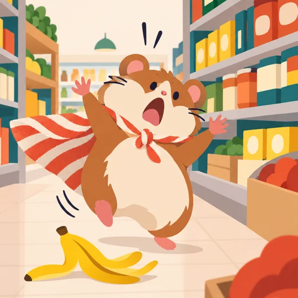 A hamster in a stripy towel cape slipping on a banana in a supermarket aisle