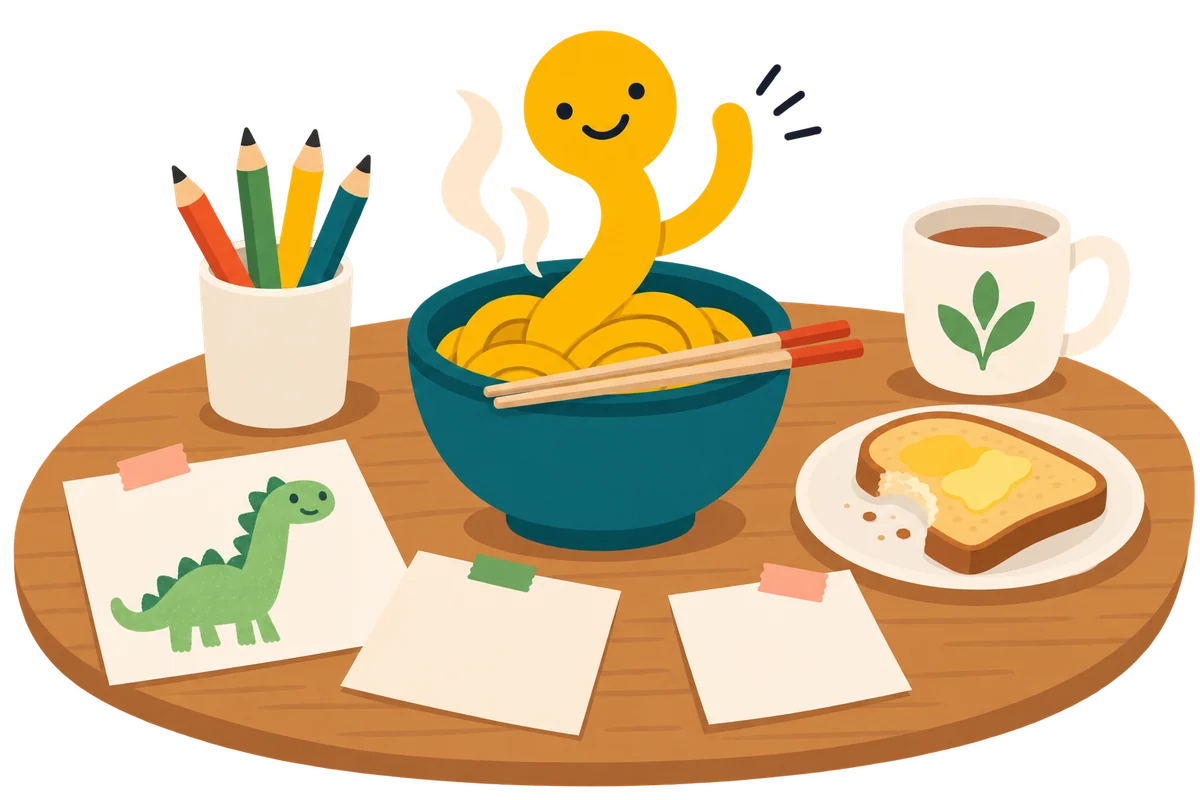 A kitchen table with Noodle waving from a steaming bowl, colouring pencils, toast, a child's dinosaur drawing and taped notes
