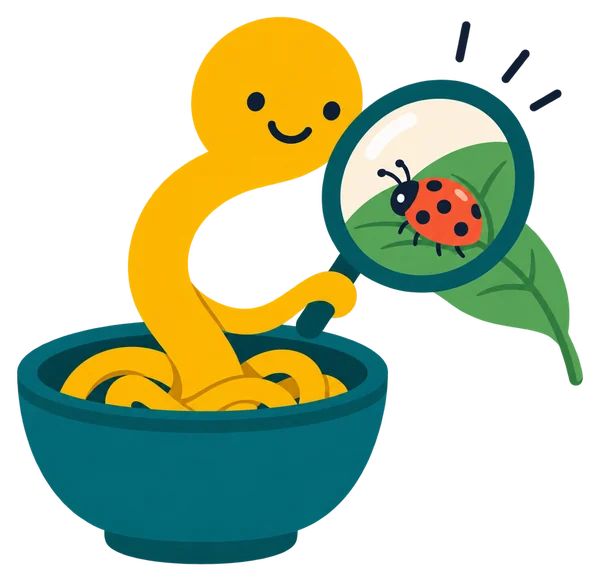 Noodle looking at a ladybird through a magnifying glass