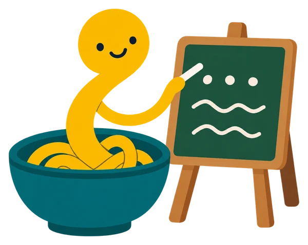 Noodle at a little chalkboard, like a patient teacher
