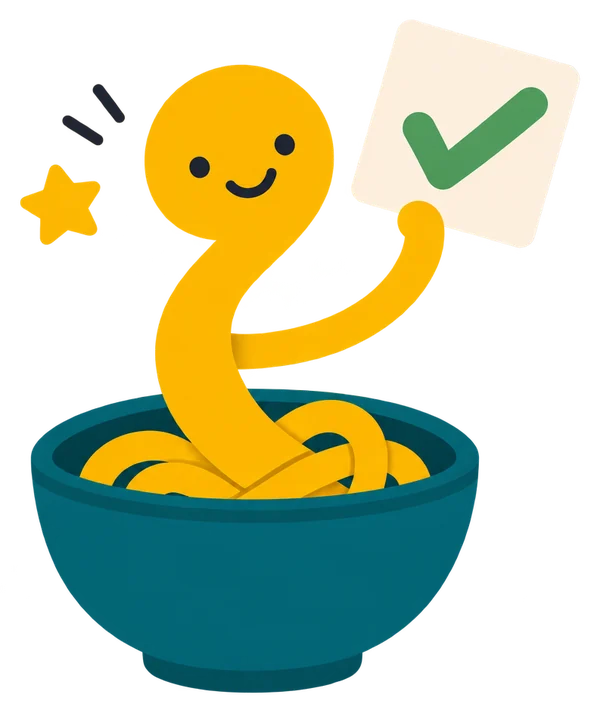 Noodle holding up an answer card with a big tick