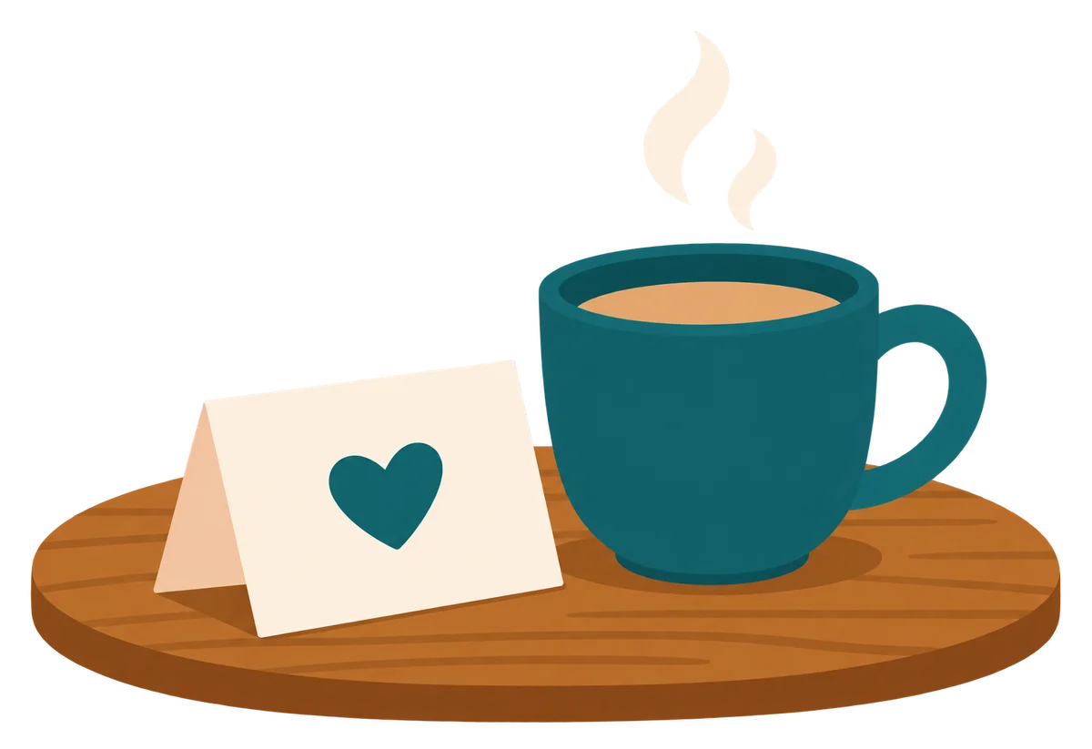 A mug of tea beside a folded note with a heart on it