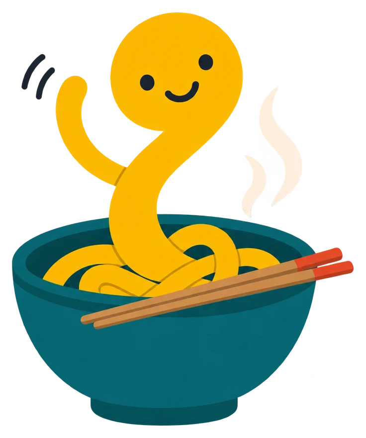 Noodle, a cheerful noodle, waving hello from a steaming bowl with chopsticks