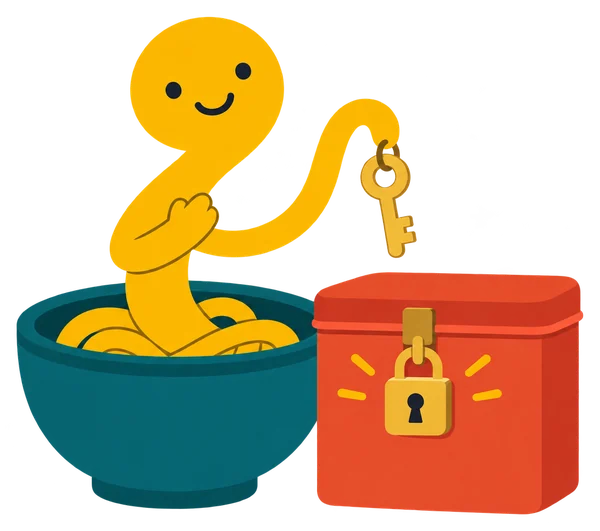 Noodle with a hand on its heart beside a padlocked recipe tin