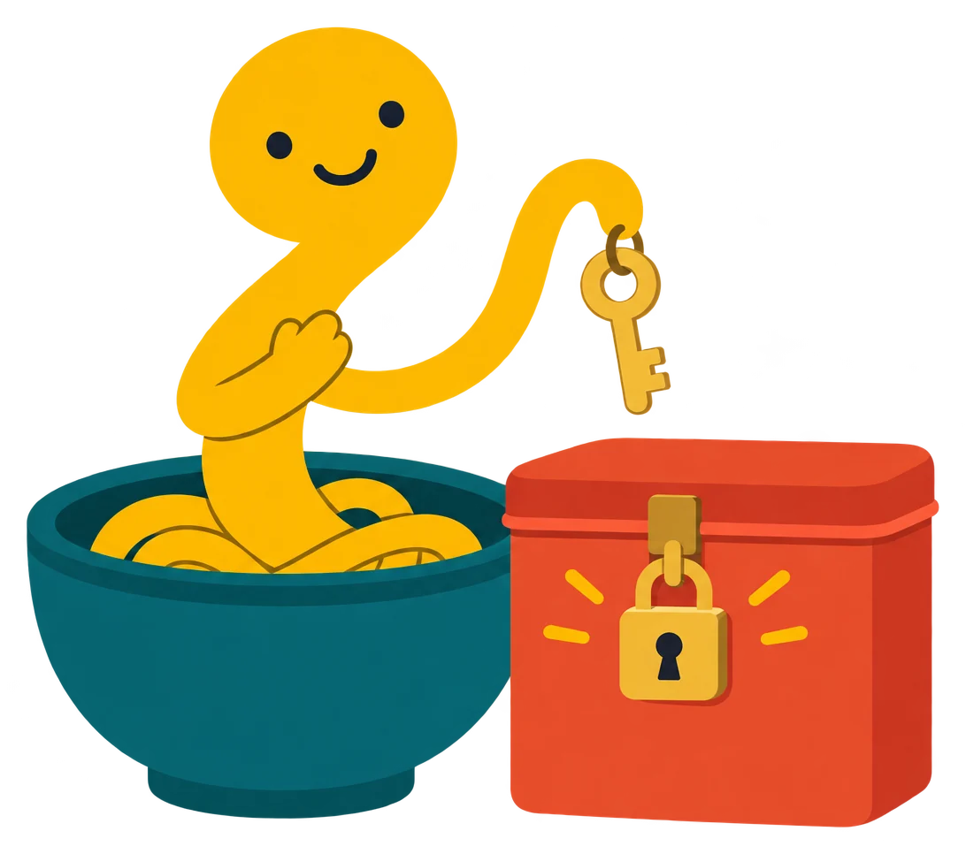 Noodle with a hand on its heart beside a padlocked recipe tin