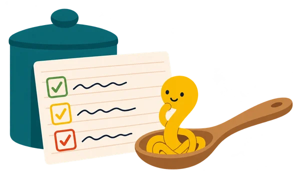 Noodle beside a recipe card of house rules, with ticks down the side
