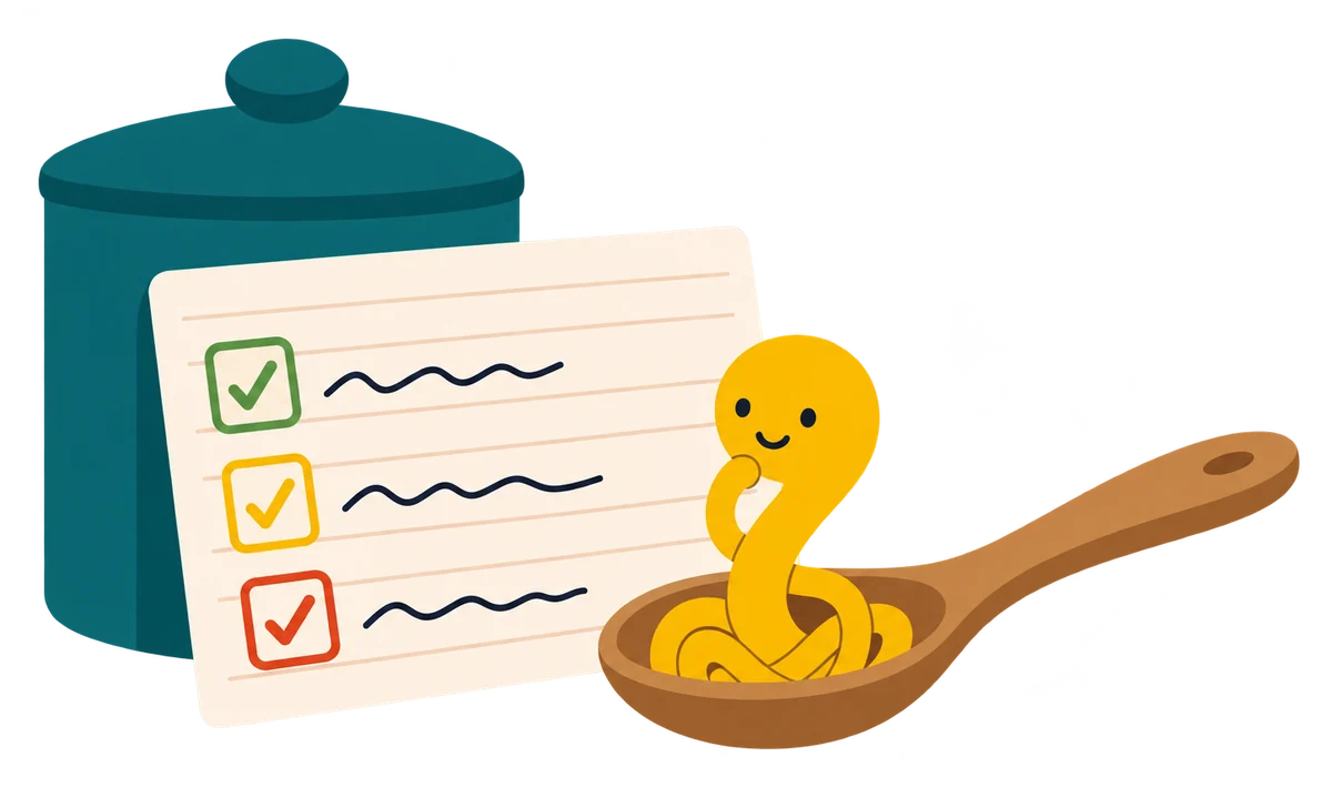 Noodle beside a recipe card of house rules, with ticks down the side