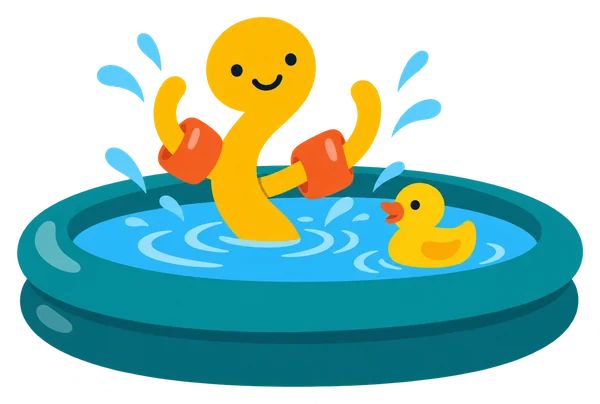 Noodle in armbands, happily splashing in a paddling pool with a rubber duck